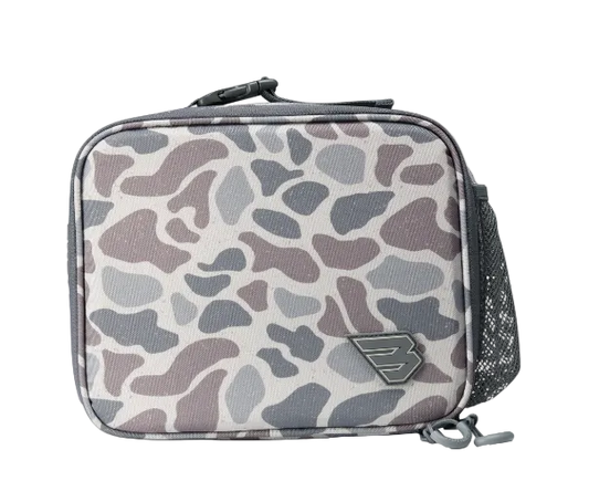 A rectangular soft-sided pouch with an abstract organic camouflage pattern in gray, taupe, and muted brown on a white background. It features a top zipper, a side mesh pocket, and a small metallic shield logo on the front.