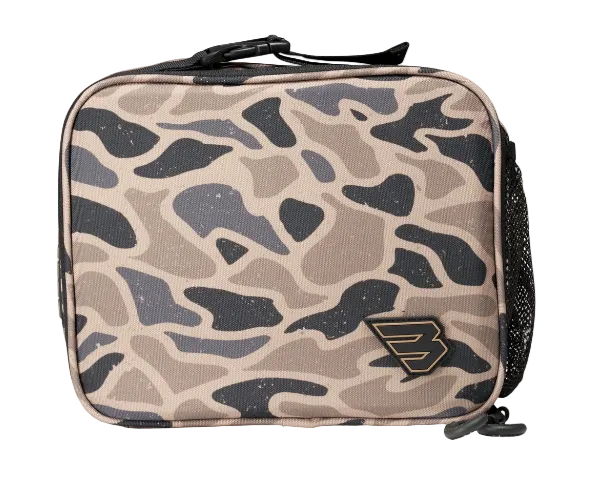A rectangular zippered lunch bag with a beige, brown, and gray camouflage pattern, featuring a black top handle and a black mesh side pocket. A stylized 'B' logo patch is visible on the lower right front.