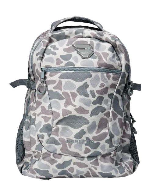 A gray and white camouflage backpack with a top handle, front zippered pocket, and side mesh pockets, shown on a plain white background.