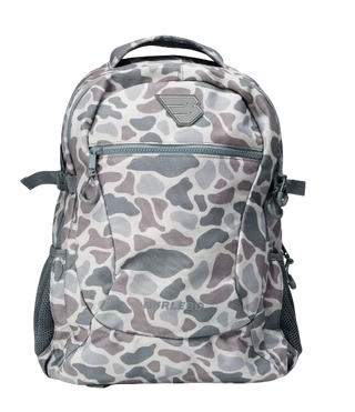 A gray and white camouflage backpack with a top handle, front zippered pocket, and side mesh pockets, shown on a plain white background.