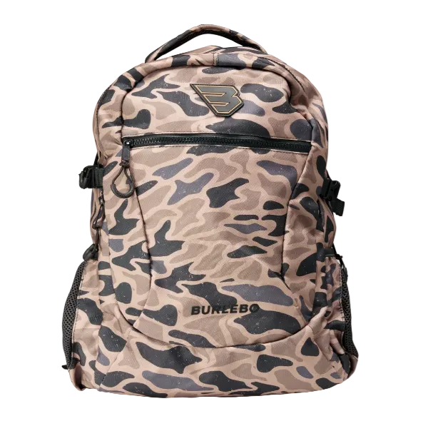 A BURLEBO brand backpack featuring a beige and dark gray camouflage pattern, shown against a plain white background.