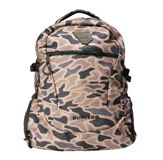 A BURLEBO brand backpack featuring a beige and dark gray camouflage pattern, shown against a plain white background.